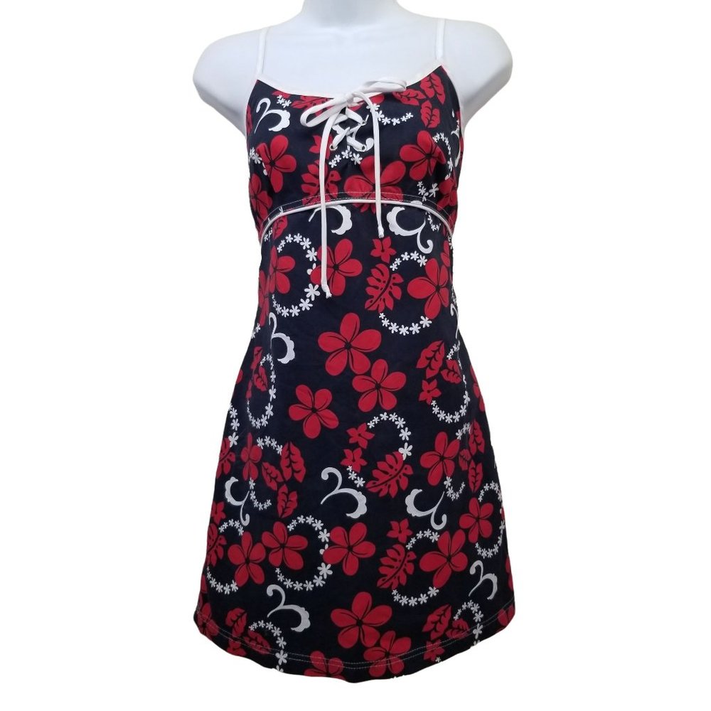 Toes on the Nose Red Blue Floral Hawaiian 90s Y2K Spaghetti Strap Dress Corset M